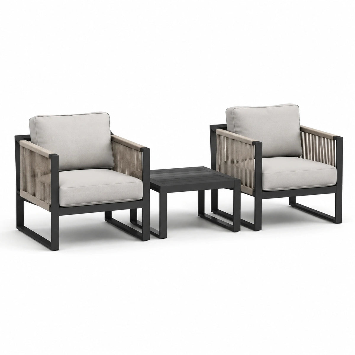 3-teiliges Gartenmöbel-Set mit 2 Sesseln und Tisch, Schwarz/Beige/Grau, Sessel 68 × 72 × 78 cm, Tisch 60 × 60 × 42 cm