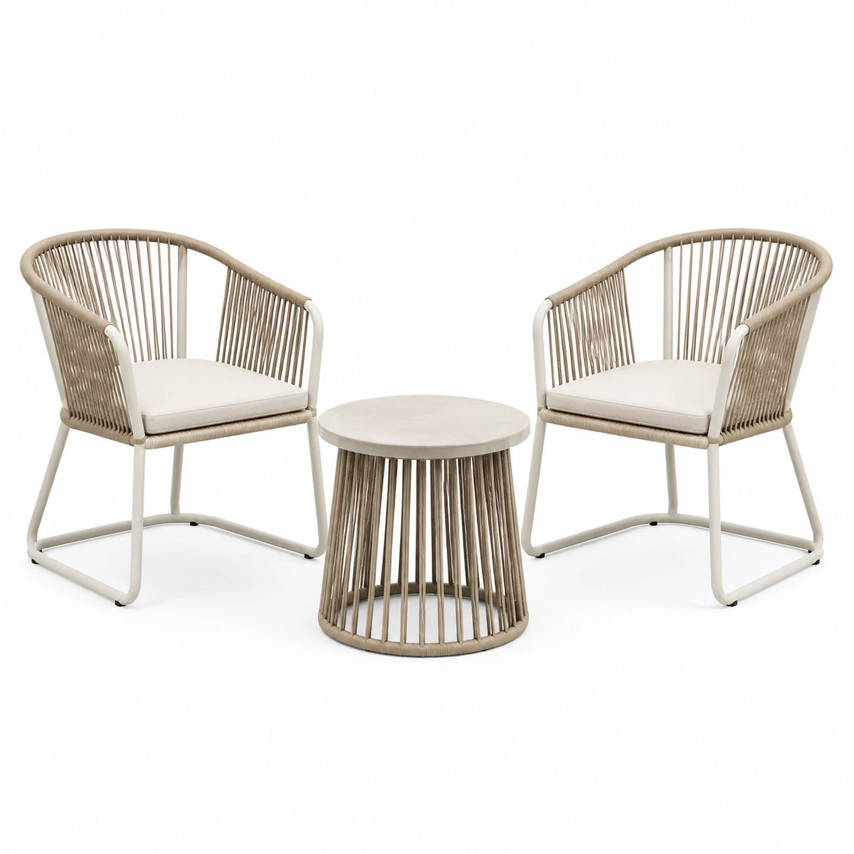 3-teiliges Balkonmöbel-Set Beige/Cremeweiß mit 2 Sesseln 70 × 65 × 80 cm und rundem Tisch 60 × 45 cm
