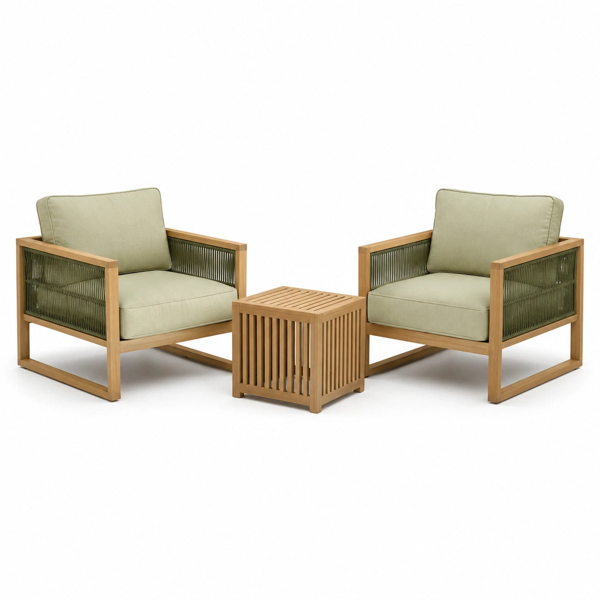 3-teiliges Lounge-Set Naturholz/Grün mit 2 Sesseln und Tisch, Sessel 73 × 75 × 76 cm, Tisch 50 × 50 × 45 cm