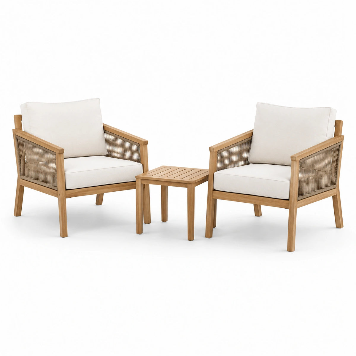 3-teiliges Terrassenmöbel-Set mit 2 Sesseln und Beistelltisch, Natur/Beige, Sessel 72 × 75 × 78 cm, Tisch 50 × 50 × 45 cm