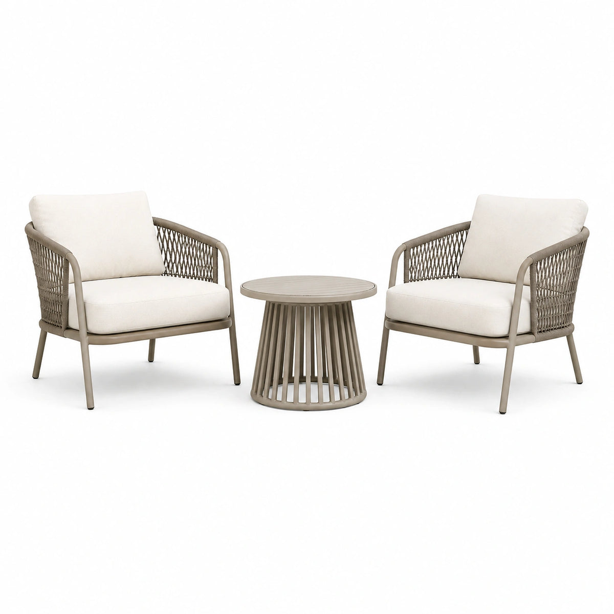 3-teiliges Gartenmöbel-Set in Taupe/Creme mit 2 Sesseln und rundem Tisch, Sessel 70 × 75 × 78 cm, Tisch Ø 55 × 45 cm