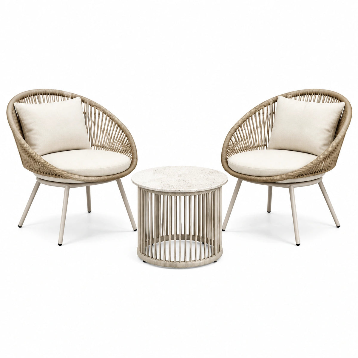 3-teiliges Boho-Set Beige/Creme mit 2 Sesseln 72 × 70 × 78 cm und rundem Tisch Ø 60 × 45 cm