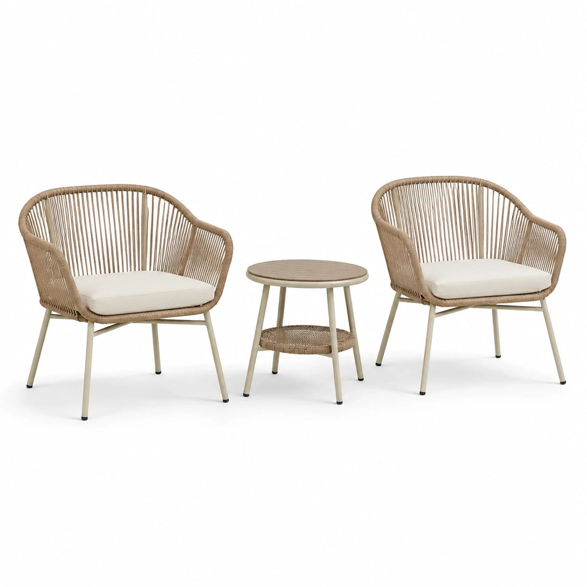 3-teiliges Balkon- und Terrassenset in Natur, Beige und Creme – 2 Sessel 72 × 68 × 78 cm, Tisch Ø 50 × 45 cm