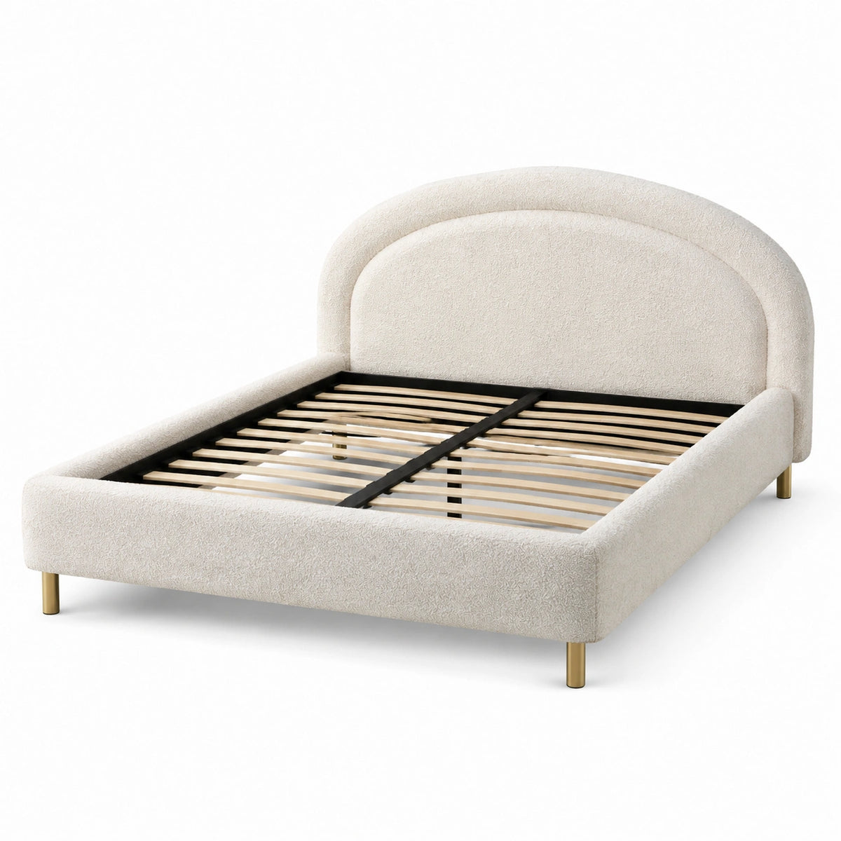 Polsterbett für Matratze 160 × 200 cm, 215 × 172 × 110 cm, Creme/Gold, Bouclé-Bezug mit Lattenrost