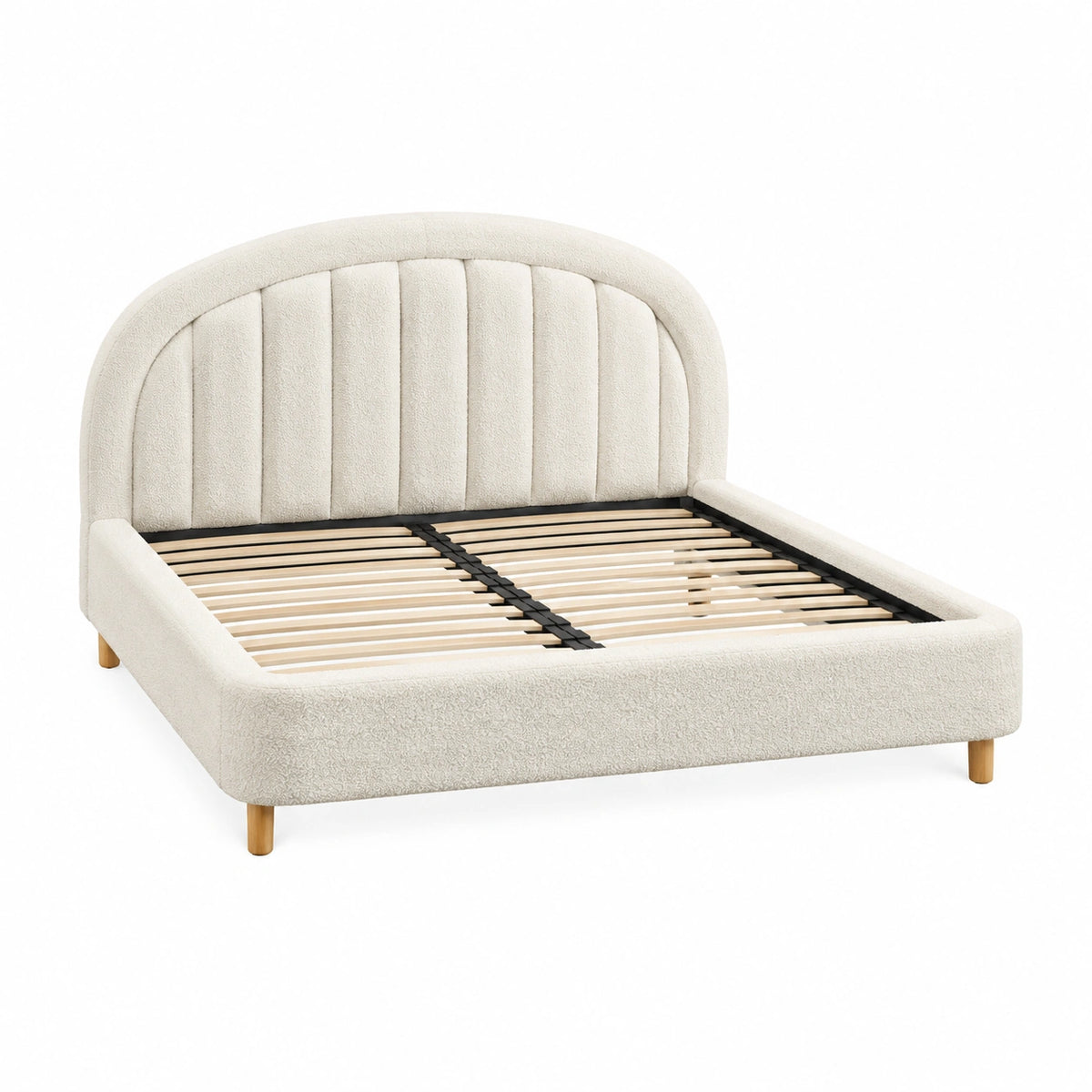 Polsterbett 160 × 200 cm in Creme mit Bouclé-Bezug, Holzlattenrost und hohem Kopfteil