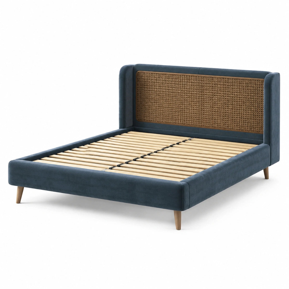 Dunkelblaues Polsterbett 180 × 220 × 115 cm mit Rattankopfteil, Holzfüßen und Lattenrost für Matratzen 160 × 200 cm