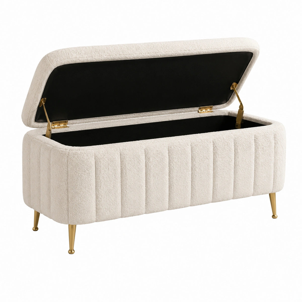 Gepolsterte Stauraumbank 120 × 45 × 50 cm in Creme mit Klappdeckel und goldfarbenen Metallfüßen