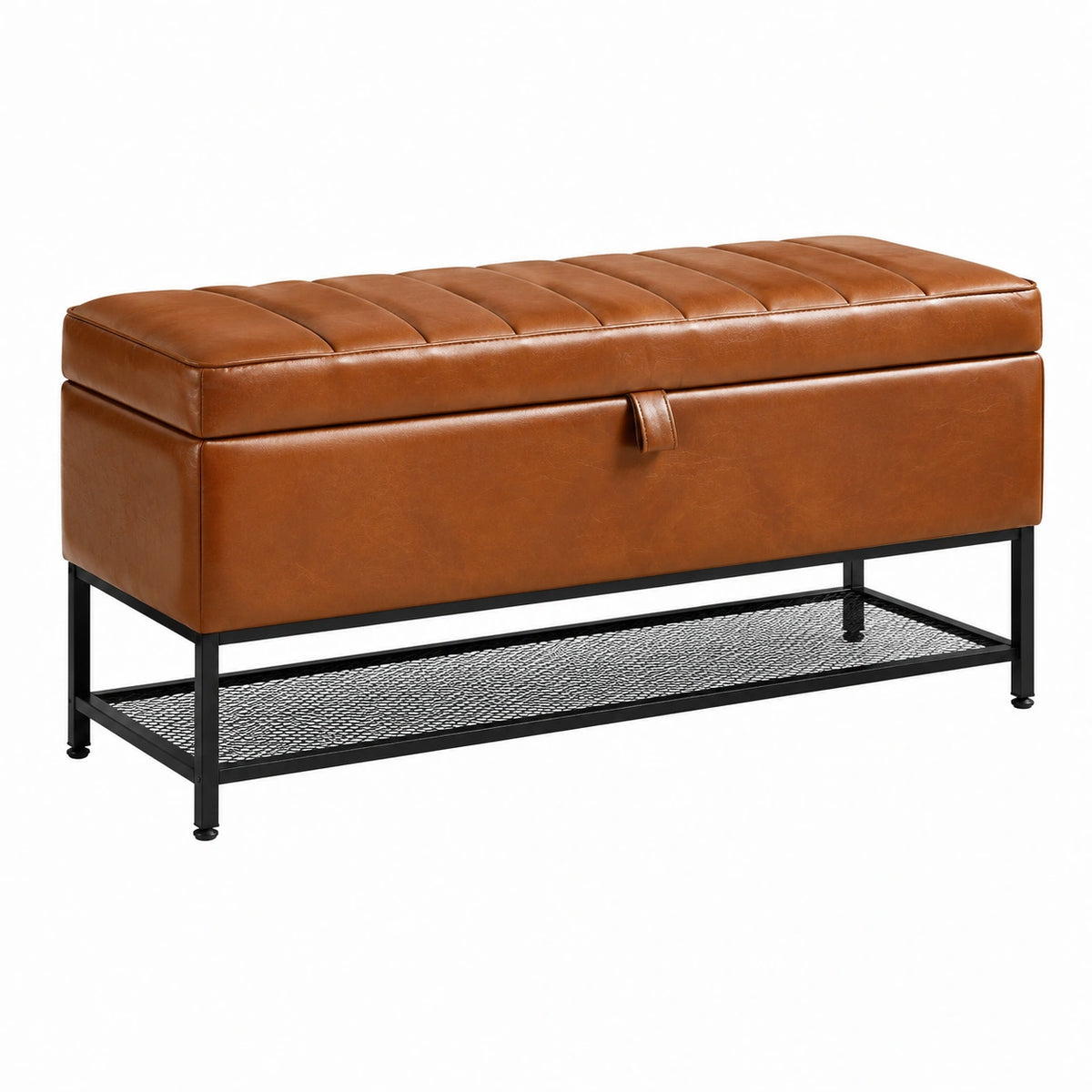 Sitzbank mit Stauraum und Gitterablage, 110 × 45 × 50 cm, Cognacbraun/Schwarz, lederähnlicher Bezug und Metallgestell