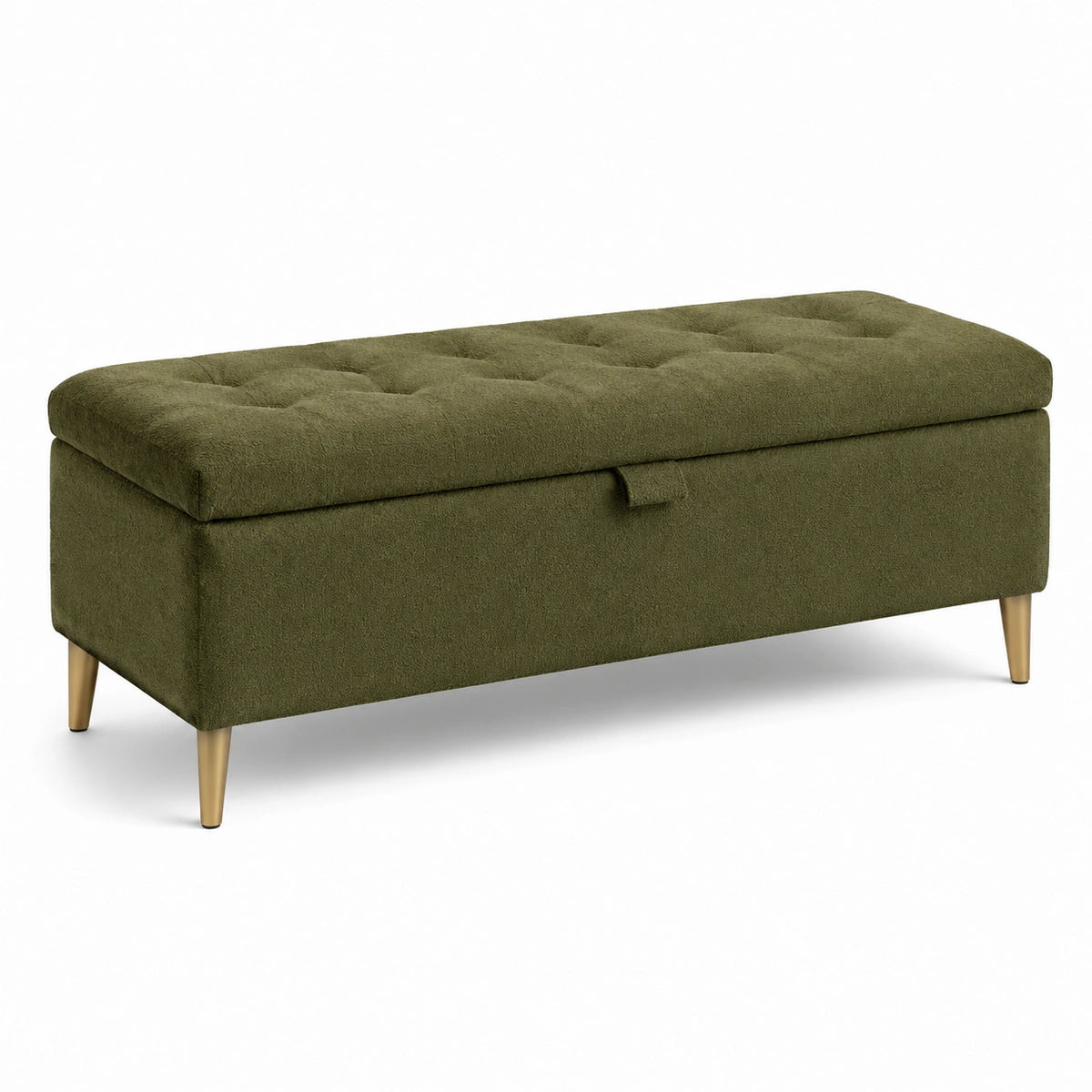 Gepolsterte Sitzbank mit Stauraum, 100 × 40 × 45 cm, Samtbezug in Olivgrün, goldfarbene Holzfüße