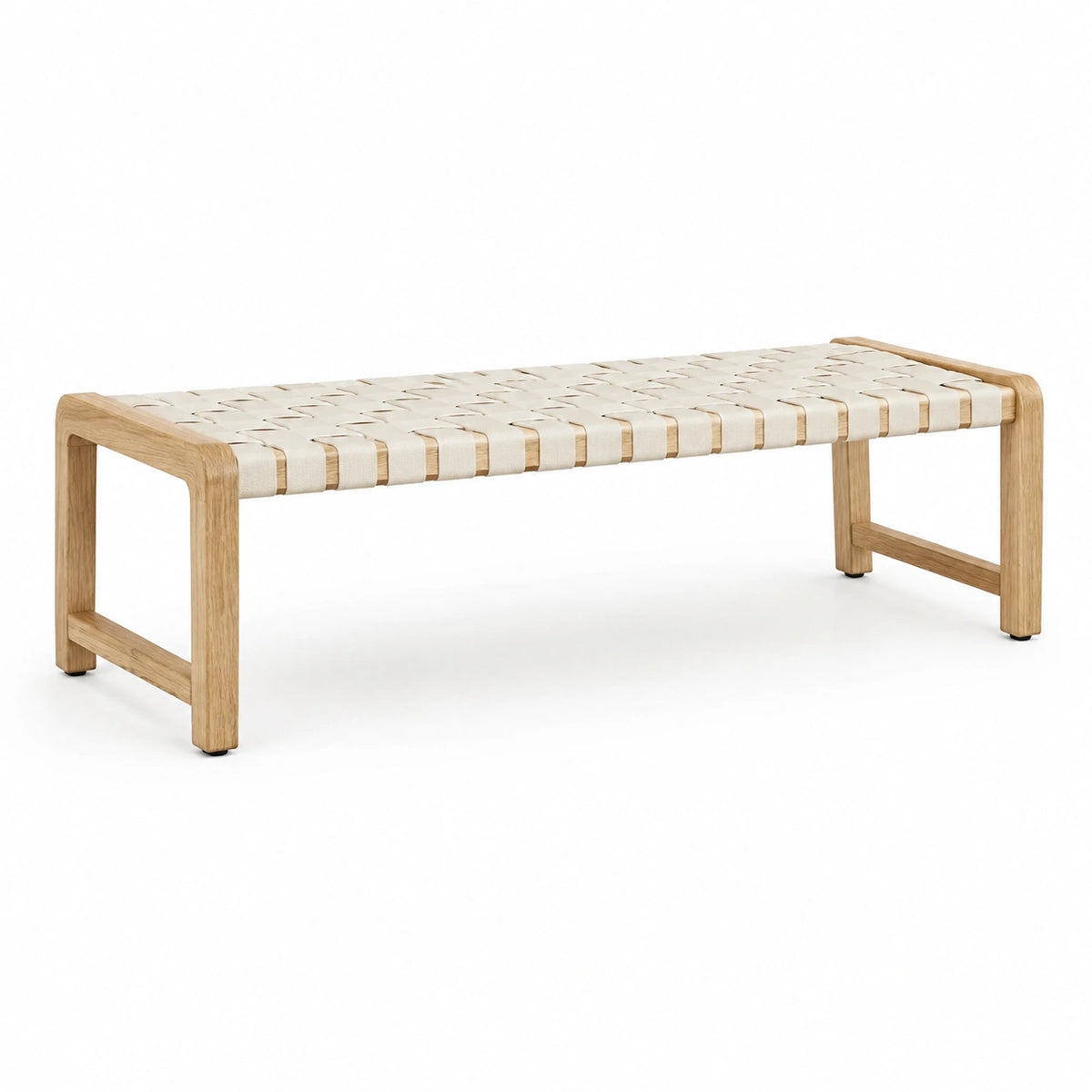 Sitzbank 120 × 40 × 45 cm aus naturfarbenem Holz mit cremefarbenem Gurtgeflecht