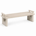Minimalistische Sitzbank aus beigem Naturstein mit Armlehnen, 140 × 40 × 45 cm