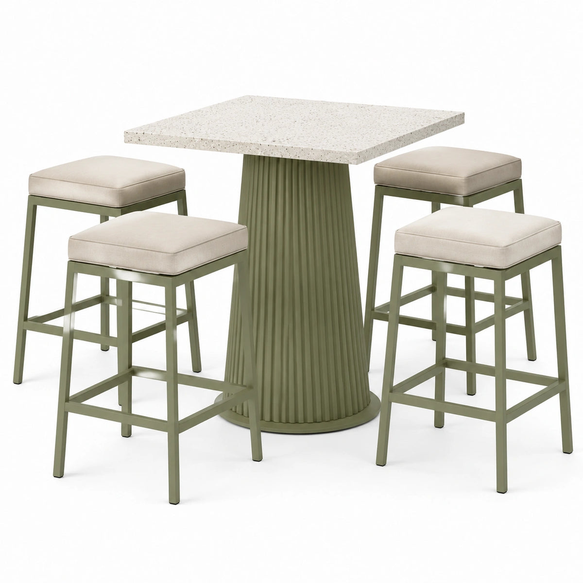5-teiliges Bartisch-Set in Olivgrün, Beige und Weiß, 120 x 120 x 106 cm, mit 4 Hockern 45 x 45 x 75 cm
