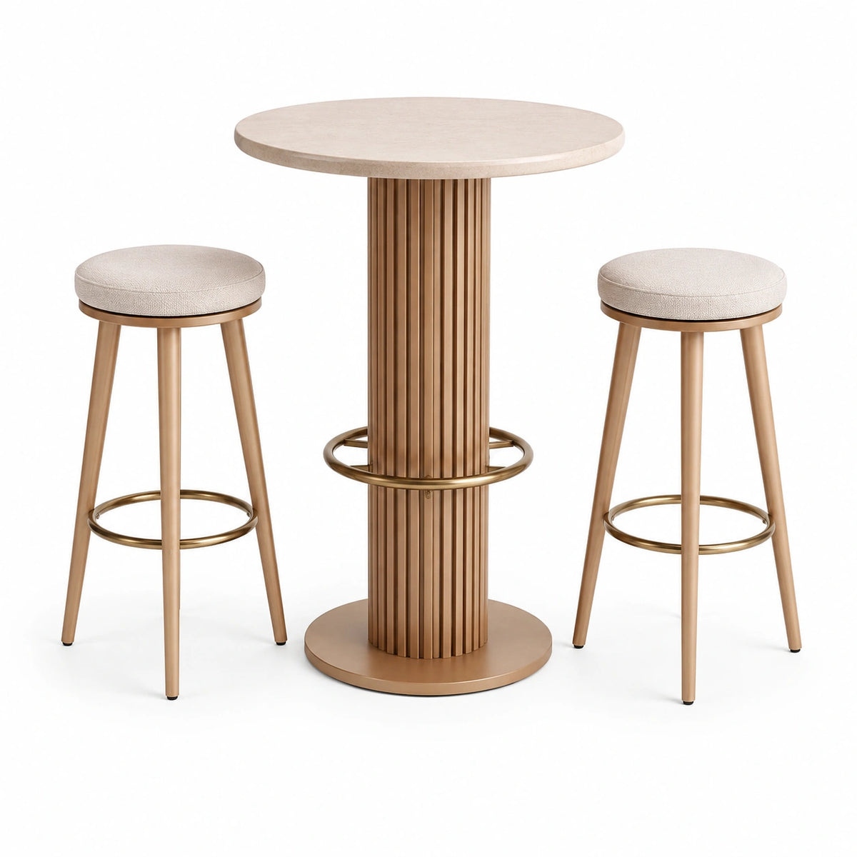 Modernes 3-teiliges Bartisch-Set mit 2 gepolsterten Barhockern, Tisch Ø 80 × 100 cm, Hocker Ø 40 × 75 cm, Beige/Bronze