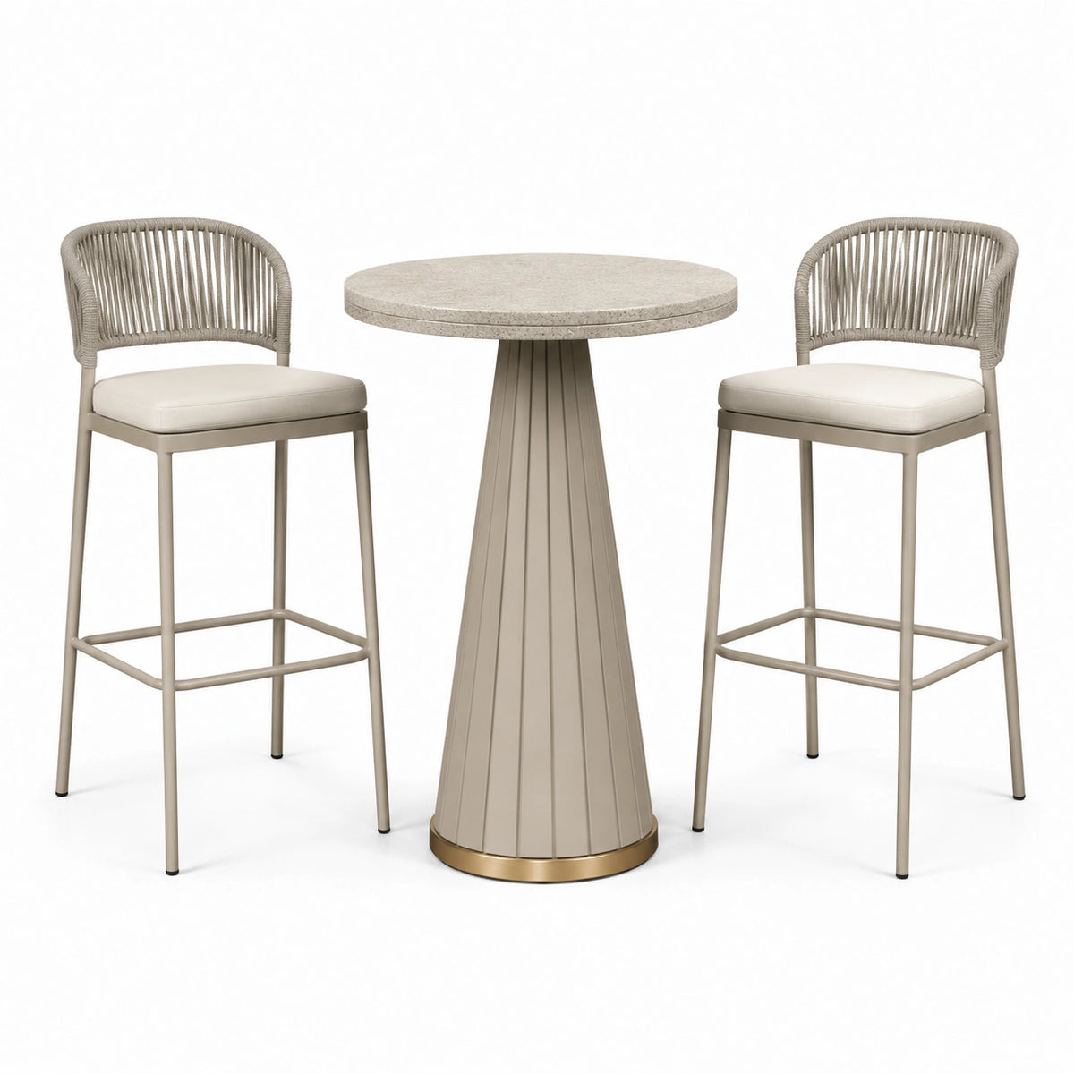3-teiliges Bartisch-Set in Beige, Creme und Gold – Tisch Ø 80 x 105 cm, 2 Hocker je 50 x 53 x 104 cm