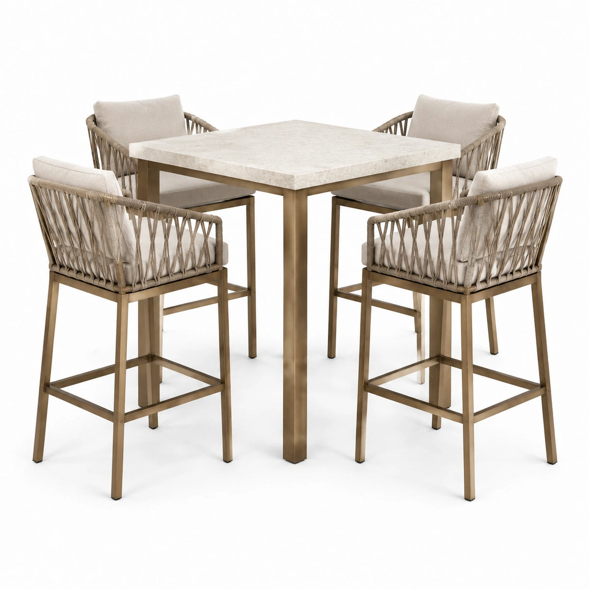 5-teiliges Bartisch-Set, 120 × 120 × 105 cm, Beige und Messingfarben, Marmoroptik