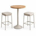 Modernes Stehtisch-Set in Naturholz und Beige mit runder Holzplatte, 2 gepolsterten Barhockern, Ø 80 × 105 cm
