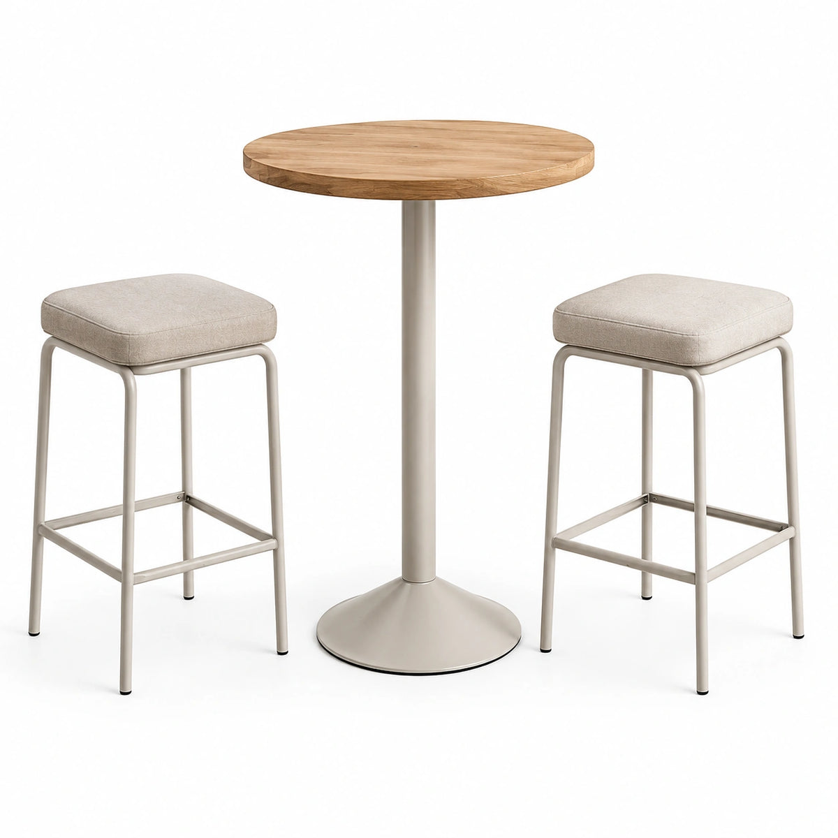 Modernes Stehtisch-Set in Naturholz und Beige mit runder Holzplatte, 2 gepolsterten Barhockern, Ø 80 × 105 cm