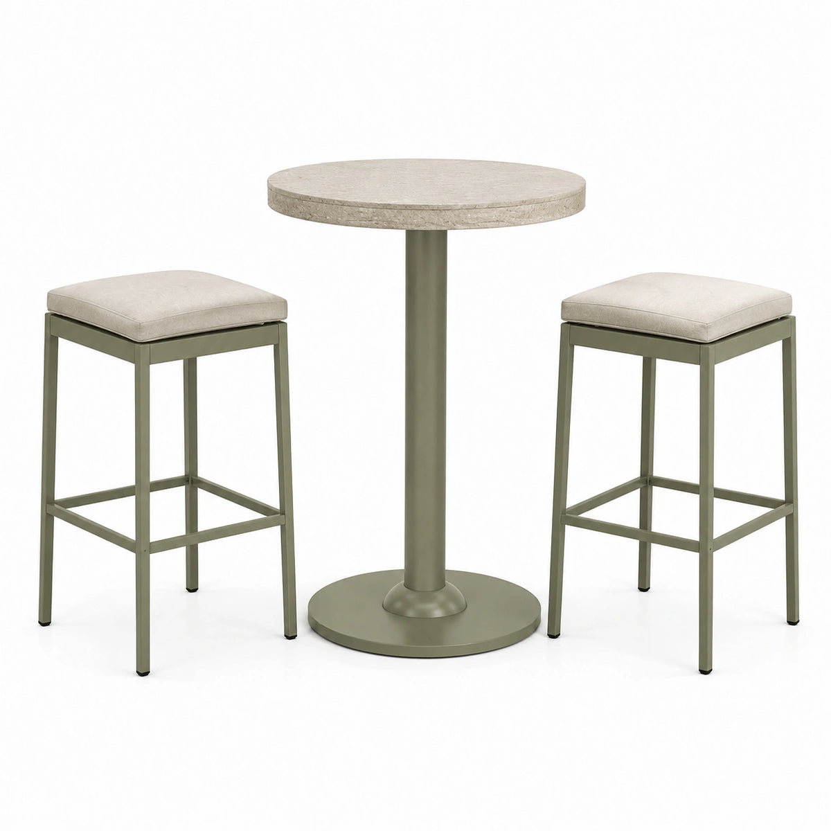 3-teiliges Bartisch-Set, Tisch Ø 70 × 105 cm mit 2 Hockern 40 × 40 × 75 cm, Olivgrün/Beige/Hellgrau