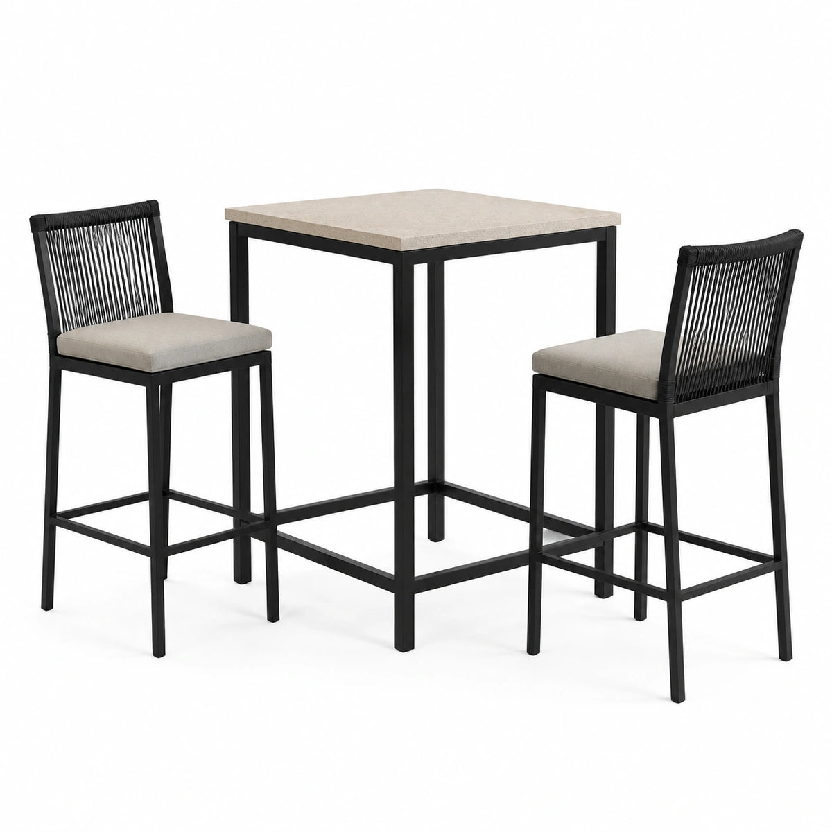 3-teiliges Bartisch-Set in Schwarz und Beige, Tisch 70 x 70 x 105 cm, Hocker 48 x 55 x 105 cm